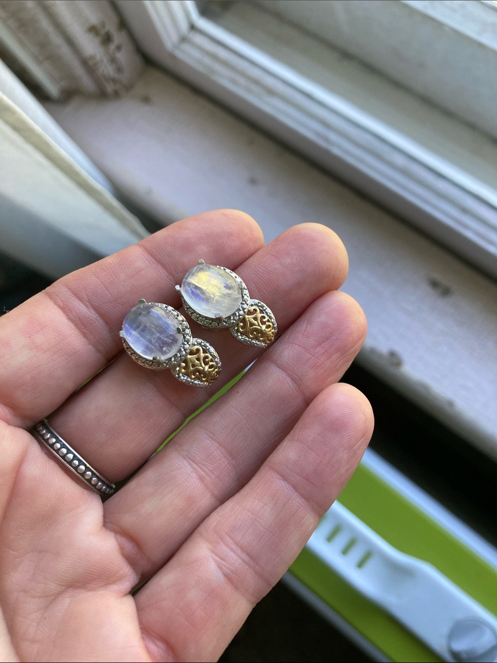 Rainbow Moonstone earrings Stamped 925 silver with platinum and 14k overlay